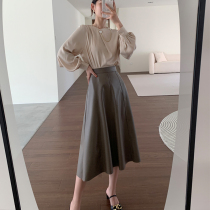 Brown leather skirt skirt 2021 autumn and winter New Puskin three-dimensional design Joker A- line dress slim cover umbrella skirt