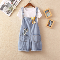Cartoon embroidery denim bib pants summer new Korean version loose small age-reducing student suspender shorts two-piece set