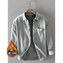 Hong Kong autumn and winter polished cotton loose casual long sleeve plus velvet fashion striped shirt mens shirt wear tide