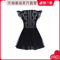 david charles Black Pattern Ruffle Round Neck Girl Small Flying Sleeve Dress