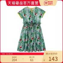 Pider BB green print wooden ear bow bow short sleeve dress cute girl dress Princess sweet