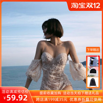 Swimming retro swimsuit ins Wind Net red with sexy lace triangle one-piece swimsuit women small breasts gather