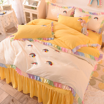 Korean Princess Style hipster Cotton Bed Skirt Four Piece Set Girl Cotton Bedspread Bed Set Rainbow Embroidery quilt cover