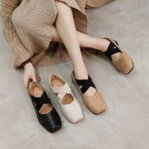 (Beautiful Monarch) genuine leather retro grandma shoes female square head light mouth coarse heel with single shoe ballet cross with Mary Jane