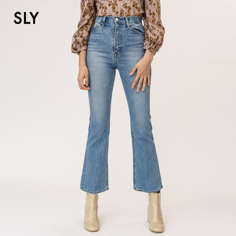 SLY Springs new stylish wash-and-grind white high-waisted micro-horn casual jeans 030DAM12-3810