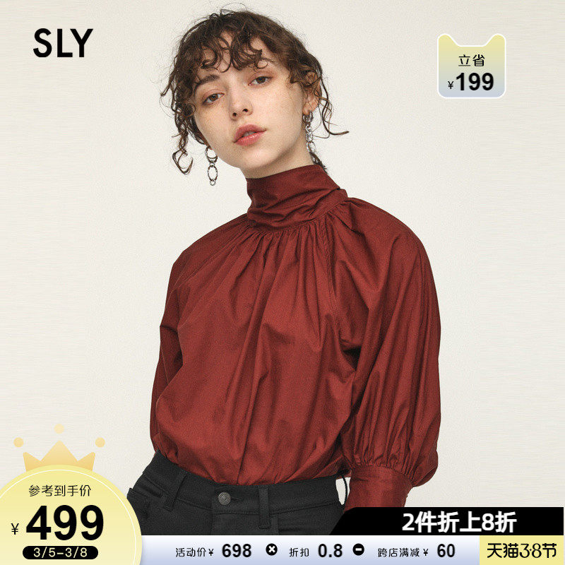 SLY Springs new stylish solid-colored pleated bubble-sleeve bow strap shirt 030DAY30-1460