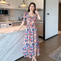 Plus size womens dress summer French fairy floral skirt with puff sleeves to cover the stomach and look thinner and fat mm fried street long skirt