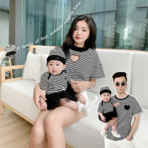 Parent-Child summer mu nv zhuang striped short sleeve t-shirt a three four quan jia zhuang Baby Full Moon mu zi zhuang-music of the tide