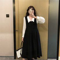 Black and White JK ~ pregnant women autumn dress fashion long dress two piece lapel collar shirt vest skirt temperament fashion style