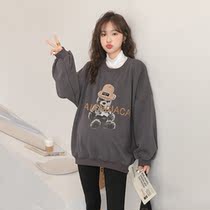 Age-reduced cartoon fashion ~ pregnant women sweater 2021 autumn winter plus velvet warm round neck wear Korean loose top ins