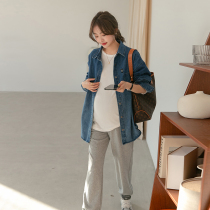 Western cowboy ~ pregnant woman shirt denim cardio-hoodie spring autumn season blouse retro casual jacket loose long sleeve shirt