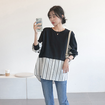 American retro ~ maternity dress early autumn sweater Korean version of personality design stitching loose casual pullover tide mom dress