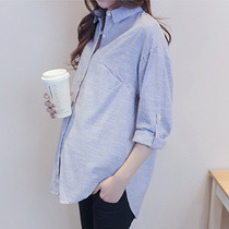 Pregnant womens spring and autumn tops Korean casual out breastfeeding stripes cotton and linen bottoming pregnant womens shirts plus size shirts