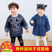 Denim gown for children to dress baby eat clothes pocket soft cotton childrens clothing spring and winter
