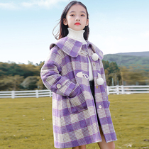 Girls big coat thickened checkered autumn and winter Korean version of childrens clothes foreign air large capsized children with long jacket baby boom