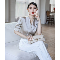  Zhang Nian En custom 2055 comes with glossy elegant acetate short-sleeved shirt wide-leg pants professional suit female summer
