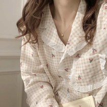 Spring and autumn new long-sleeved pajamas female students sweet lace Cherry Plaid set can wear ins home clothes
