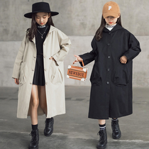  Girls  windbreaker mid-length spring and autumn tooling jacket 2021 new middle and large childrens Korean version of fried street hooded childrens coat
