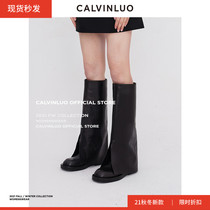 CALVINLUO square head pants high boots 2021FW autumn and winter new product Ren min with the same fil white