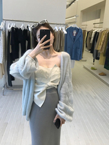 Soft glutinous horse fur sunscreen knitted cardio-hoodie woman spring summer thin section hollowed-out hood shirt loose lantern sleeve sweater jacket