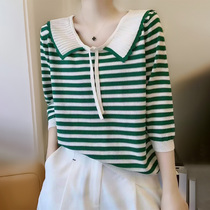 Playful Aging Lacing Dolls Dolled Knit Cardiovert 2022 Spring Dress New Collage Stripes Loose 70% Sleeve Blouse