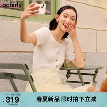 ochirly Eurotime 2022 new spring bottling square collar logo decorated with short sleeves Short Sleeves Needle Weaters