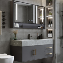 Light luxury bathroom cabinet combination Simple modern mirror cabinet set Bathroom hand washbasin rock board integrated sink
