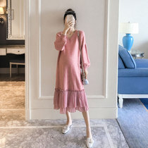 Pregnant woman Long style sweater dress autumn winter v collar 3-9 months over knee large size Pink Splicing Sweet knit Knitted Dress Woman
