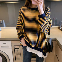 Large size fat mm striped sweater womens spring and autumn 2021 new foreign style wild bf lazy wind fake two fried street clothes