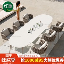 Nordic outdoor table and chair combination courtyard villa balcony rattan chair outdoor terrace garden long table leisure dining table and chair