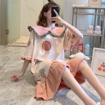 Sleepwear Sleeping Skirt Woman Summer Short Sleeve Pure Cotton 2022 New big code Spring and autumn adorable outside wearing a thin family home dress