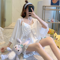 Suspender pajamas womens spring and summer ice silk three-piece suit nightgown white 2021 new sexy silk home dress
