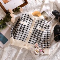 2022 Spring-autumn new girls small fragrant wind knit cardio-hoodie with thousands of birds chorionic fluff coat jacket loose external hitch