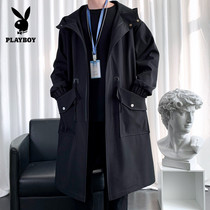 Flower Playboy spring and autumn hooded over the knee mens trench coat loose harbor style long handsome coat coat tide