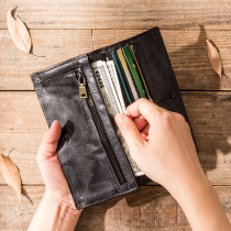 Retro Genuine Leather Long Money Wallet Male Plant Tanned Cow Leather Dark Buckle Money Clip Handmade Personality Cell Phone Wallet Multi-Position Card Bag