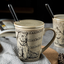 Retro ceramic mug with lid spoon household cup set hand-painted animal pattern personality mens water Cup