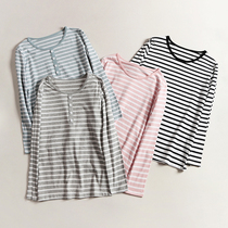 Womens autumn and winter cotton striped long sleeves T-shirt loose oversized pajamas leggings home jacket outer top autumn coat