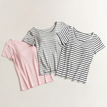 Modal with chest cushion short sleeves T-shirt womens summer pajamas bra cup one piece half sleeve legging striped housecoat