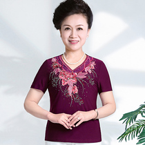 One-brand slave size middle-aged and elderly womens summer new mother shirt thin embroidered T-shirt with fat and extra Noble