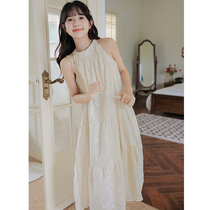 2023 summer new French style chic small sleeveless halter neck dress female loose seaside holiday mid-length skirt