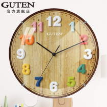 Golden Bell Bao color stereo digital childrens wall clock Nordic wood grain clock face 12 inch silent bedroom living room clock