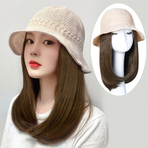 Wig woman short hair hat wig integrated spring summer net red fisherman hat in long hair inner button sunscreen hat full headgear