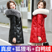Leather down jacket Womens Mid-length 2021 New sheep leather fox fur collar thick Haining leather jacket