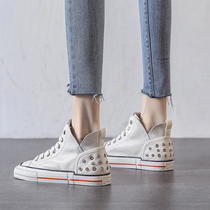 Tide brand net red rivet leather high-top shoes women 2021 autumn new womens shoes Joker thick-soled casual white shoes