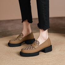 A D Hepburn Fried Street Chessboard ~ Inlen Wind Coarse Heel Thick Sole Shoes Genuine Leather Plaid Lefoe Shoes 4 5cm