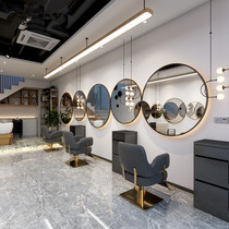 Trendy round barbershop mirror table Single-sided wall-mounted hair salon hair cutting special European hair mirror led with light