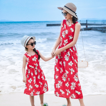 Xia parent-child dress childrens cotton beach dress middle child mother and daughter cotton silk dress long girl flower dress