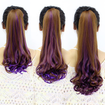 Wig long curly hair large wave horsetail strap type round face realistic pick and dye pear flower gradient with short braid girl