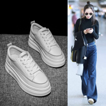 Tide brand leather pine cake shoes women 2021 spring new Korean leisure comfortable thick bottom Net red white shoes