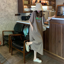 European station 2021 new mid-length letter t-shirt skirt large size loose thin belly cover dress female summer